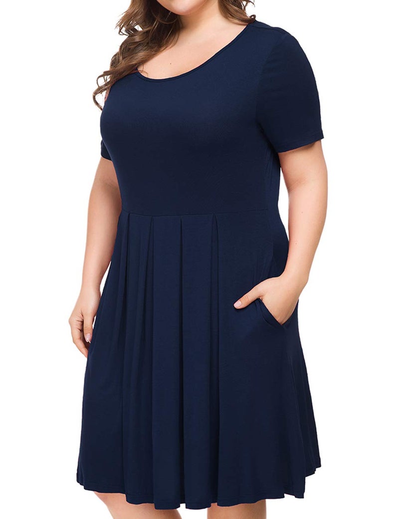 Tralilbee Women Plus Size Casual T-Shirt Swing Dress with Pockets Navy Blue 2XL - Image 3